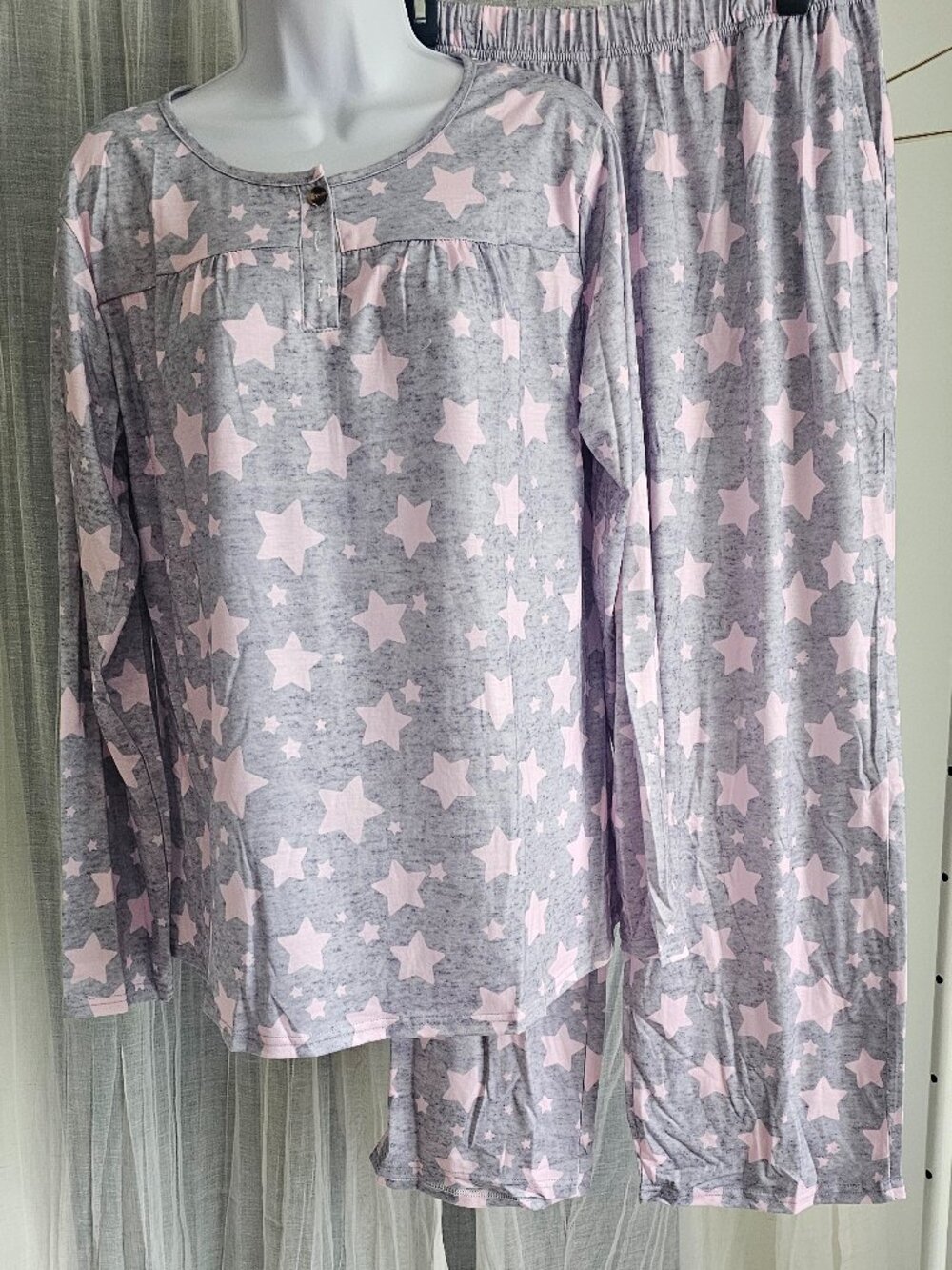 Women's Long Sleeve Cotton Button Plaque Lounge Set Size XL NEW